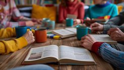 People sitting around a table reading books